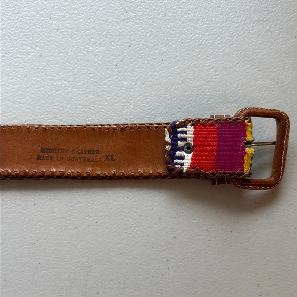 Colorful Woven Strap Belt with Brown Leather Trim handmade Guatemala 37 inches
